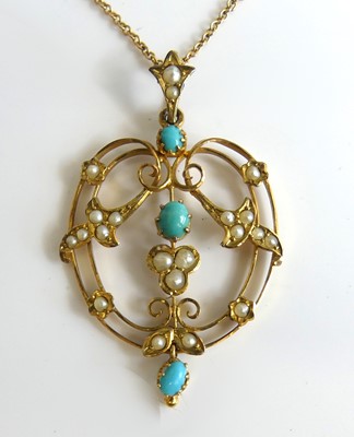 Lot 2230 - An Edwardian yellow metal, turquoise and seed...