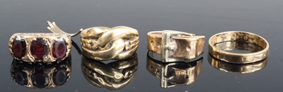 Lot 303 - A 9ct gold wedding band together with three...
