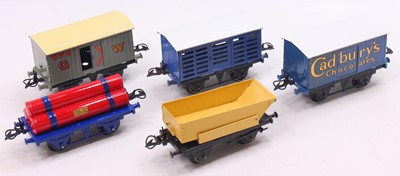 Lot 136 - Five repainted Hornby 0-gauge goods wagons:...