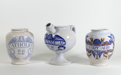 Lot 1 - A group of three reproduction Delft drug jars,...