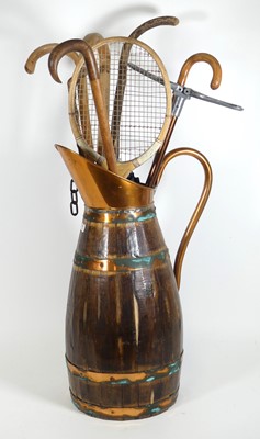 Lot 58 - A large coopered wooden jug, h.61cm, together...