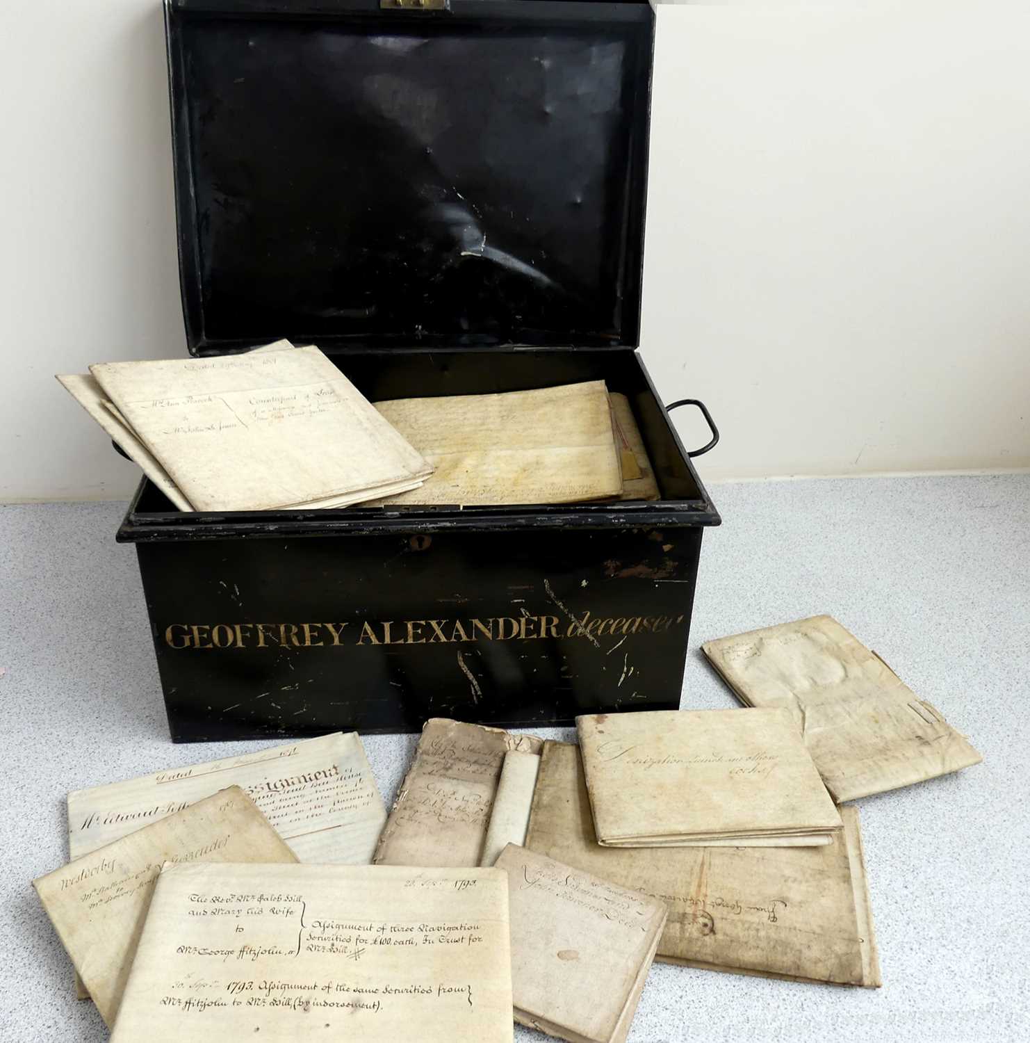 Lot 2036 - A metal deed box with contents of mainly...