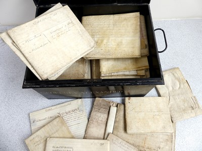 Lot 2036 - A metal deed box with contents of mainly...