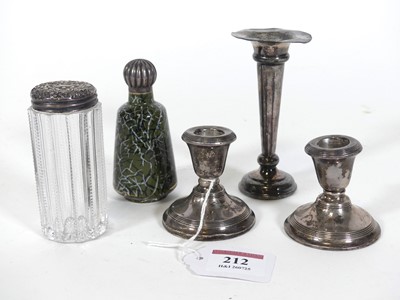 Lot 212 - A pair of silver dwarf candlesticks, aglass...
