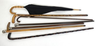Lot 411 - A collection of walking sticks to include an...