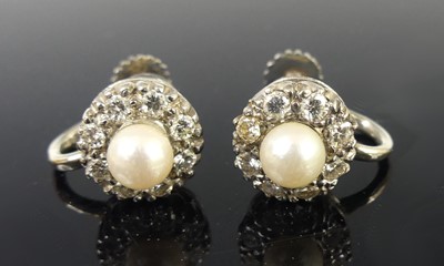 Lot 2501 - A pair of white metal, pearl and diamond...