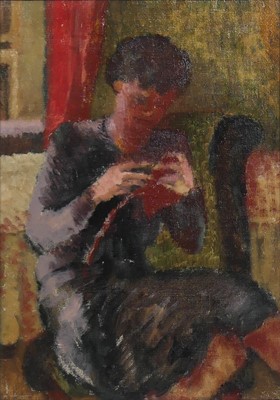 Lot 296 - Nancy Sharp (1909-2001) - Girl Sewing, oil on...