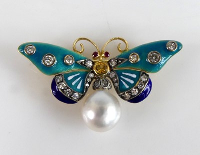 Lot 2234 - A yellow metal diamond and enamel butterfly...