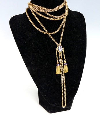Lot 2346 - A yellow metal long guard chain, having...