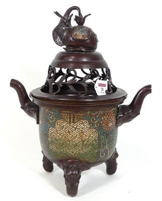 Lot 28 - A Japanese bronze and cloisonne enamel koro,...