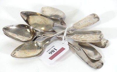 Lot 186 - A set of six white metal teaspoons, each...