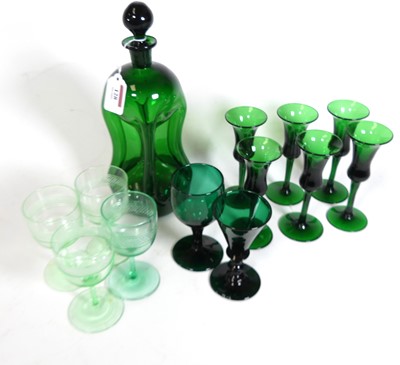 Lot 128 - A green glass hourglass decanter and stopper,...