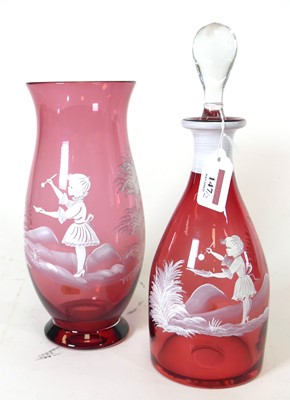 Lot 147 - A Mary Gregory style cameo cranberry glass...