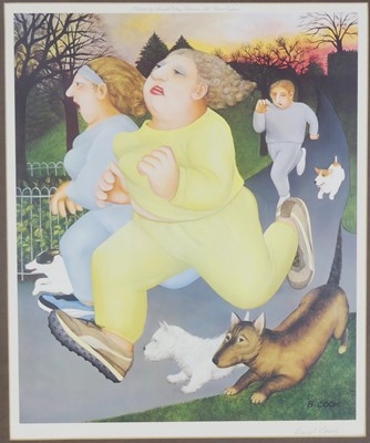 Lot 1018 - Beryl Cook (1926-2008) - Joggers on the Hoe,...