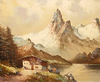 Lot 1023 - Rudi Born - Mountain lake scene, oil on canvas,...
