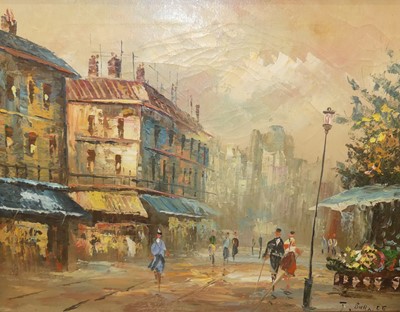 Lot 1027 - J. Burnett - Parisian street scene, oil on...
