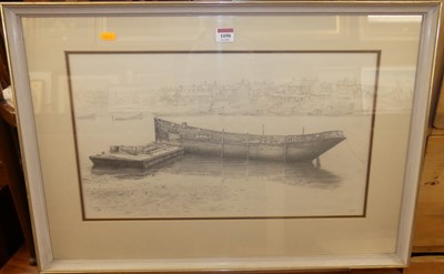 Lot 1050 - Nicholas Ward (b.1950) - A lone moored barge,...