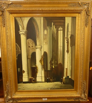 Lot 1055 - J Schaeffer - Cathedral interior, oil on...