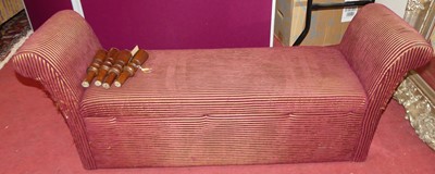 Lot 1365 - A striped upholstered twin window seat, raised...