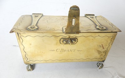 Lot 380 - A 19th century brass casket , the hinged cover...