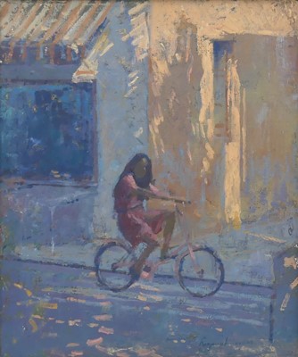 Lot 362 - Raymond M. Rogers (b.1958) - Cycling, oil on...