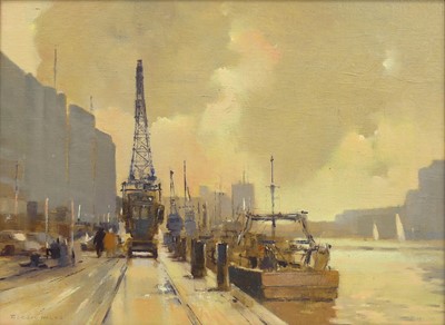 Lot 299 - Gordon Hales (1916-1997) - Docklands, oil on...