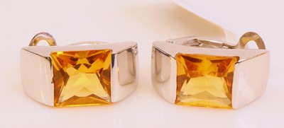 Lot 259 - A pair of 9ct white gold and citrine set...
