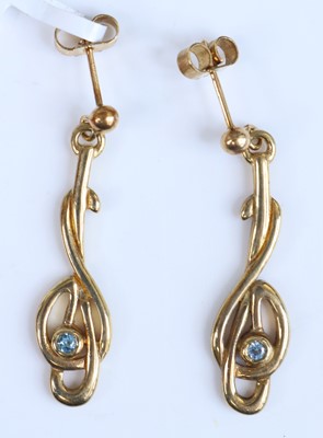 Lot 392 - A pair of new 9ct gold blue topaz ear pendants,...