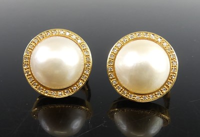 Lot 2247 - A pair of 18ct yellow gold mabé cultured pearl...