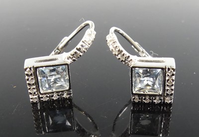 Lot 2272 - A pair of white metal aquamarine and diamond...