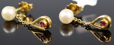 Lot 396 - A pair of 18ct gold ruby drop and cultured...