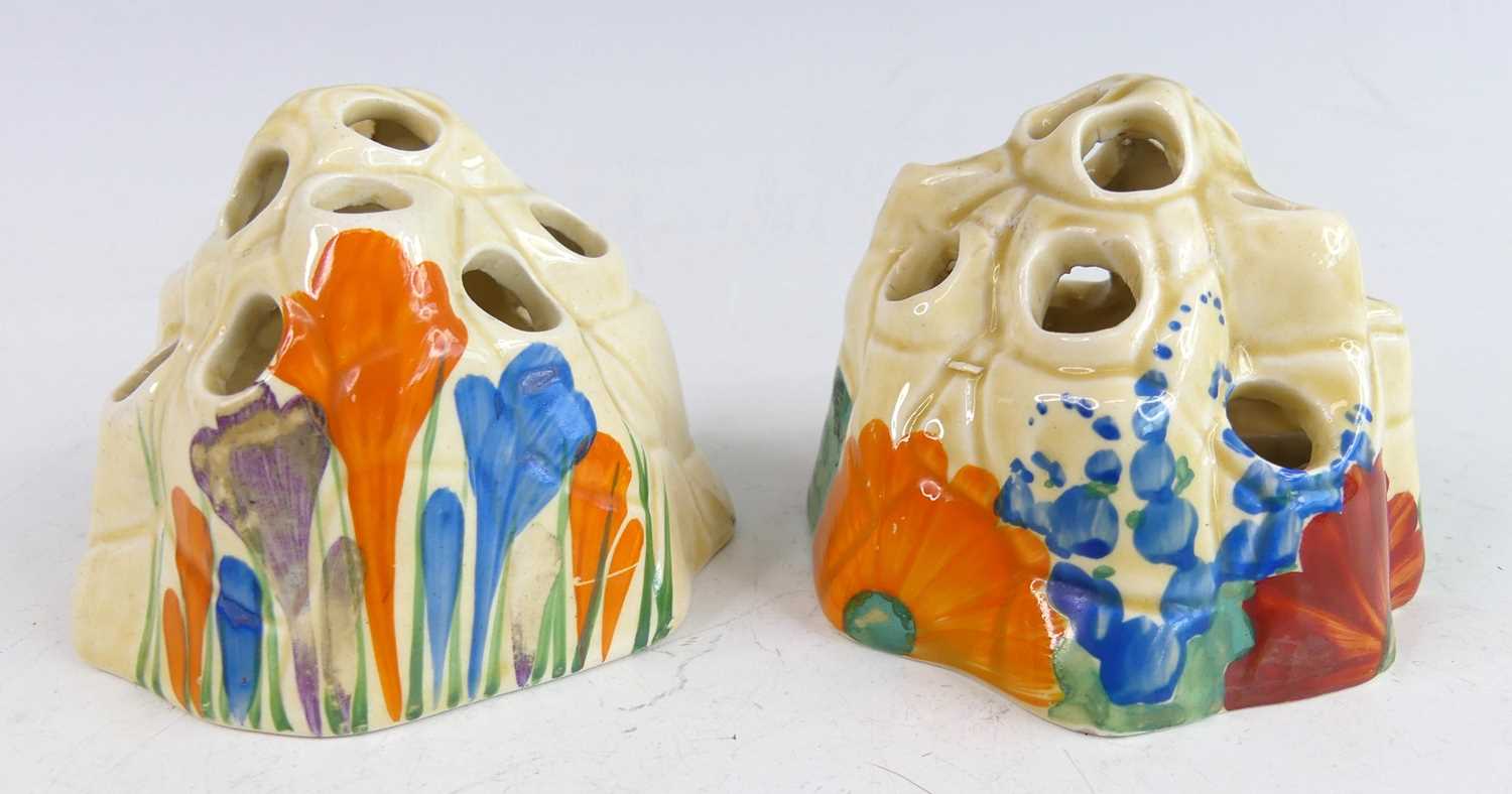 Lot 23 - Two 1930s Clarice Cliff pottery posy vases,...