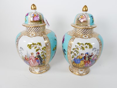 Lot 9 - A pair of Dresden porcelain vases and covers,...