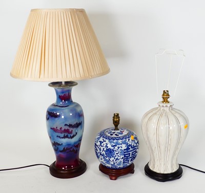 Lot 62 - A Modern Chinese flambe glazed table lamp,...
