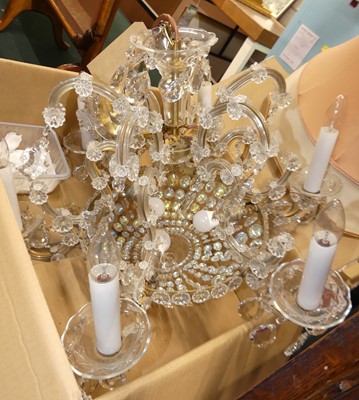 Lot 1170 - A cut glass hanging six-light bag chandelier,...
