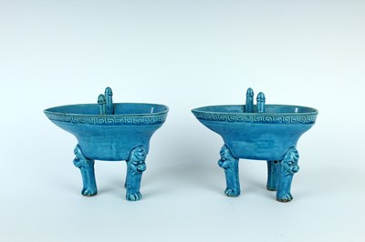 Lot 77 - A pair of Chinese turquoise-glazed ritual wine...