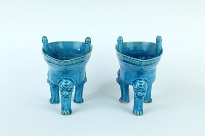 Lot 77 - A pair of Chinese turquoise-glazed ritual wine...