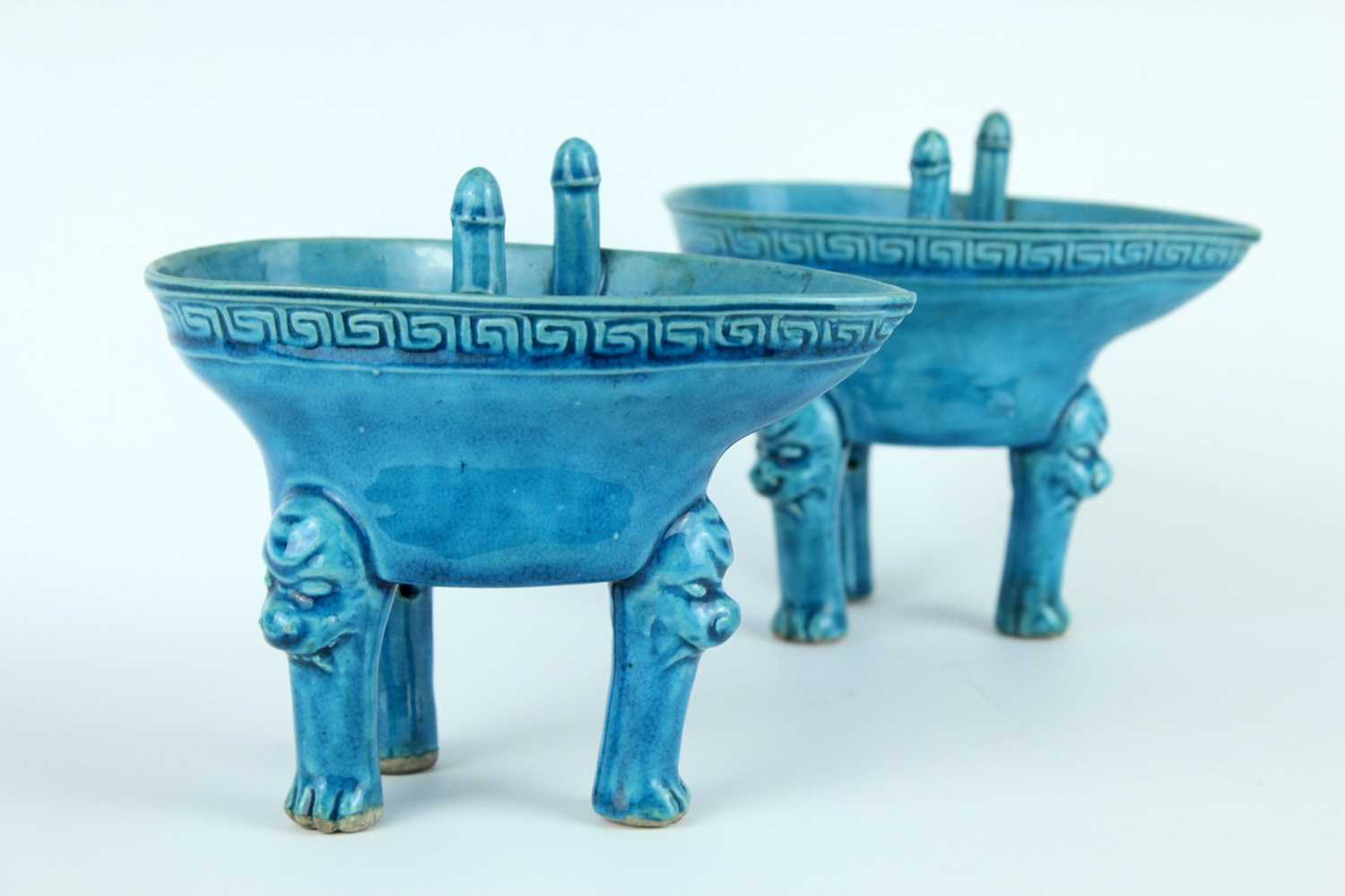 Lot 77 - A pair of Chinese turquoise-glazed ritual wine...