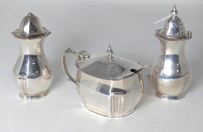 Lot 253 - An Elizabeth II silver three-piece cruet set,...