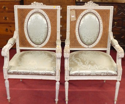 Lot 1353 - A pair of French Louis XVI style white painted...