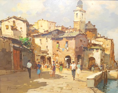 Lot 1086 - G Grandi - Sunlit Haven, Italy, oil on panel,...