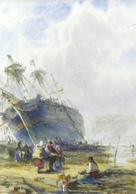 Lot 1069 - R Ellis - Fisherfolk on the Beach, watercolour,...