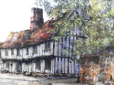 Lot 1079 - Reg Siger - Timbered house in Lavenham, ink &...