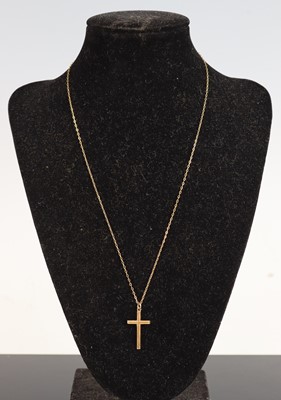 Lot 335 - A 9ct gold cross pendant, on trace link neck...