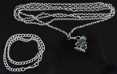 Lot 367 - A white metal long belcher link guard chain,...