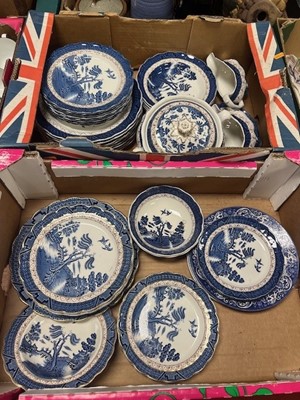 Lot 593 - Two boxes of Old Willow Pattern dinnerwares by...