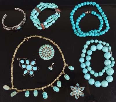 Lot 381 - A beaded turquoise necklace, together with one...