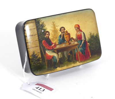 Lot 413 - A Russian lacquered box, the cover decorated...