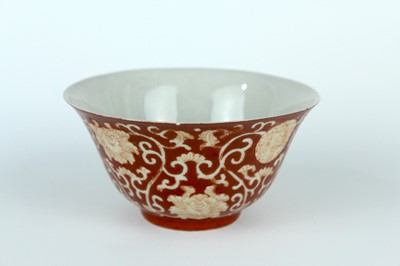 Lot 83 - A pair of Chinese coral-red ground ‘lotus’...