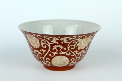 Lot 83 - A pair of Chinese coral-red ground ‘lotus’...